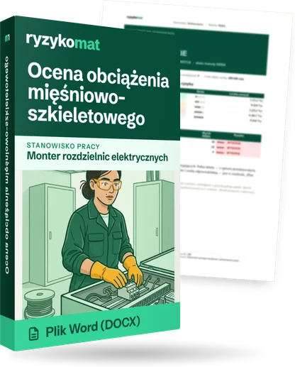 Pudełko dokumentu „Ocena obciążenia mięśniowo-szkieletowego” ze znakiem Ryzykomat i napisem „Plik Word (DOCX)” na froncie, ilustracja stanowiska „Monter rozdzielnic elektrycznych”; zza pudełka wystaje strona prawdziwego dokumentu z rozmytą treścią