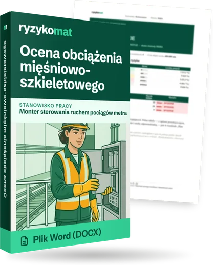 Pudełko dokumentu „Ocena obciążenia mięśniowo-szkieletowego” ze znakiem Ryzykomat i napisem „Plik Word (DOCX)” na froncie, ilustracja stanowiska „Monter sterowania ruchem pociągów metra”; zza pudełka wystaje strona prawdziwego dokumentu z rozmytą treścią