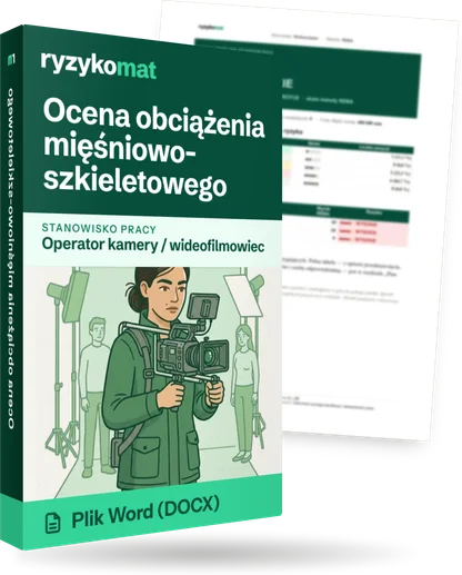 Pudełko dokumentu „Ocena obciążenia mięśniowo-szkieletowego” ze znakiem Ryzykomat i napisem „Plik Word (DOCX)” na froncie, ilustracja stanowiska „Operator kamery / wideofilmowiec”; zza pudełka wystaje strona prawdziwego dokumentu z rozmytą treścią