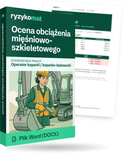 Pudełko dokumentu „Ocena obciążenia mięśniowo-szkieletowego” ze znakiem Ryzykomat i napisem „Plik Word (DOCX)” na froncie, ilustracja stanowiska „Operator koparki / koparko-ładowarki”; zza pudełka wystaje strona prawdziwego dokumentu z rozmytą treścią