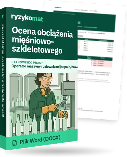 Pudełko dokumentu „Ocena obciążenia mięśniowo-szkieletowego” ze znakiem Ryzykomat i napisem „Plik Word (DOCX)” na froncie, ilustracja stanowiska „Operator maszyny rozlewniczej (napoje, browar)”; zza pudełka wystaje strona prawdziwego dokumentu z rozmytą treścią
