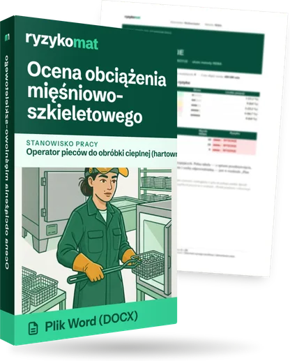 Pudełko dokumentu „Ocena obciążenia mięśniowo-szkieletowego” ze znakiem Ryzykomat i napisem „Plik Word (DOCX)” na froncie, ilustracja stanowiska „Operator pieców do obróbki cieplnej (hartownia)”; zza pudełka wystaje strona prawdziwego dokumentu z rozmytą treścią