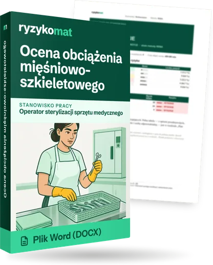 Pudełko dokumentu „Ocena obciążenia mięśniowo-szkieletowego” ze znakiem Ryzykomat i napisem „Plik Word (DOCX)” na froncie, ilustracja stanowiska „Operator sterylizacji sprzętu medycznego”; zza pudełka wystaje strona prawdziwego dokumentu z rozmytą treścią