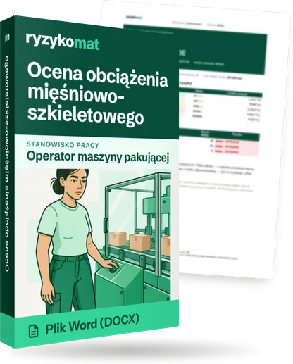 Pudełko dokumentu „Ocena obciążenia mięśniowo-szkieletowego” ze znakiem Ryzykomat i napisem „Plik Word (DOCX)” na froncie, ilustracja stanowiska „Operator maszyny pakującej”; zza pudełka wystaje strona prawdziwego dokumentu z rozmytą treścią
