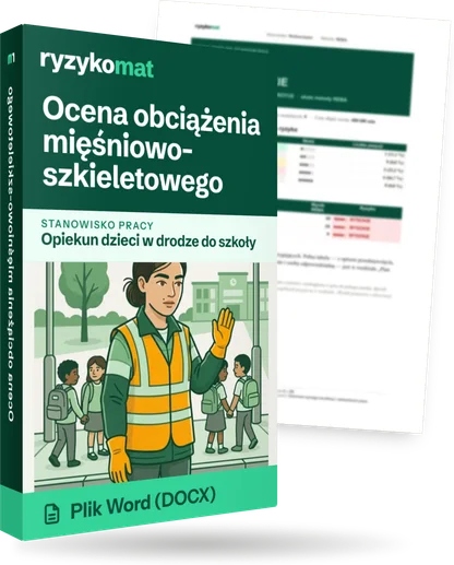 Pudełko dokumentu „Ocena obciążenia mięśniowo-szkieletowego” ze znakiem Ryzykomat i napisem „Plik Word (DOCX)” na froncie, ilustracja stanowiska „Opiekun dzieci w drodze do szkoły”; zza pudełka wystaje strona prawdziwego dokumentu z rozmytą treścią