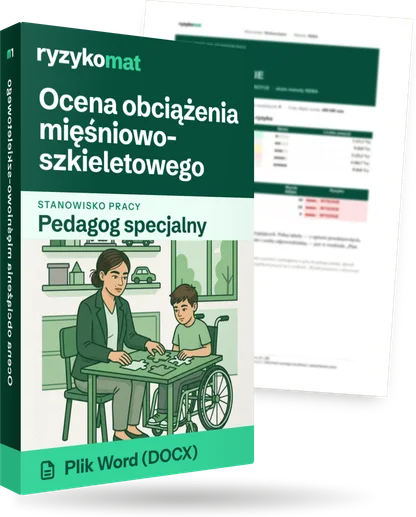 Pudełko dokumentu „Ocena obciążenia mięśniowo-szkieletowego” ze znakiem Ryzykomat i napisem „Plik Word (DOCX)” na froncie, ilustracja stanowiska „Pedagog specjalny”; zza pudełka wystaje strona prawdziwego dokumentu z rozmytą treścią