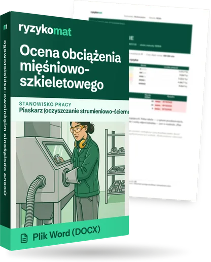 Pudełko dokumentu „Ocena obciążenia mięśniowo-szkieletowego” ze znakiem Ryzykomat i napisem „Plik Word (DOCX)” na froncie, ilustracja stanowiska „Piaskarz (oczyszczanie strumieniowo-ścierne)”; zza pudełka wystaje strona prawdziwego dokumentu z rozmytą treścią
