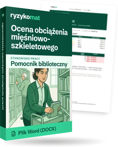 Pudełko dokumentu „Ocena obciążenia mięśniowo-szkieletowego” ze znakiem Ryzykomat i napisem „Plik Word (DOCX)” na froncie, ilustracja stanowiska „Pomocnik biblioteczny”; zza pudełka wystaje strona prawdziwego dokumentu z rozmytą treścią