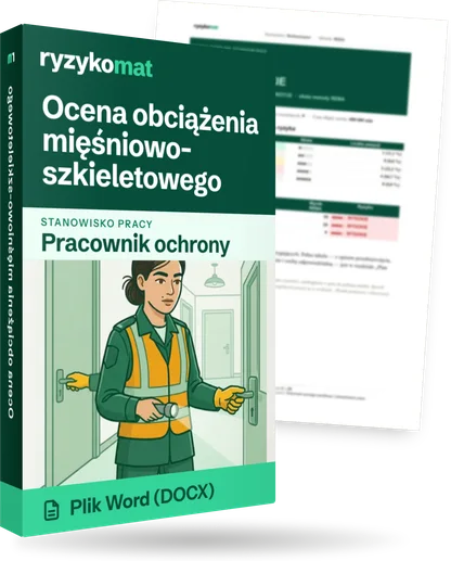 Pudełko dokumentu „Ocena obciążenia mięśniowo-szkieletowego” ze znakiem Ryzykomat i napisem „Plik Word (DOCX)” na froncie, ilustracja stanowiska „Pracownik ochrony”; zza pudełka wystaje strona prawdziwego dokumentu z rozmytą treścią