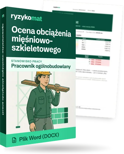 Pudełko dokumentu „Ocena obciążenia mięśniowo-szkieletowego” ze znakiem Ryzykomat i napisem „Plik Word (DOCX)” na froncie, ilustracja stanowiska „Pracownik ogólnobudowlany”; zza pudełka wystaje strona prawdziwego dokumentu z rozmytą treścią