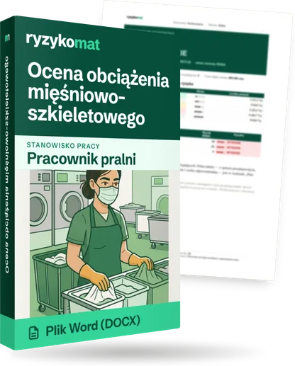 Pudełko dokumentu „Ocena obciążenia mięśniowo-szkieletowego” ze znakiem Ryzykomat i napisem „Plik Word (DOCX)” na froncie, ilustracja stanowiska „Pracownik pralni”; zza pudełka wystaje strona prawdziwego dokumentu z rozmytą treścią