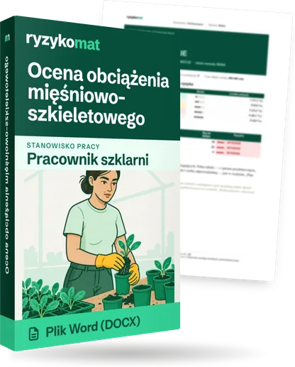 Pudełko dokumentu „Ocena obciążenia mięśniowo-szkieletowego” ze znakiem Ryzykomat i napisem „Plik Word (DOCX)” na froncie, ilustracja stanowiska „Pracownik szklarni”; zza pudełka wystaje strona prawdziwego dokumentu z rozmytą treścią