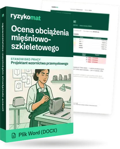 Pudełko dokumentu „Ocena obciążenia mięśniowo-szkieletowego” ze znakiem Ryzykomat i napisem „Plik Word (DOCX)” na froncie, ilustracja stanowiska „Projektant wzornictwa przemysłowego”; zza pudełka wystaje strona prawdziwego dokumentu z rozmytą treścią