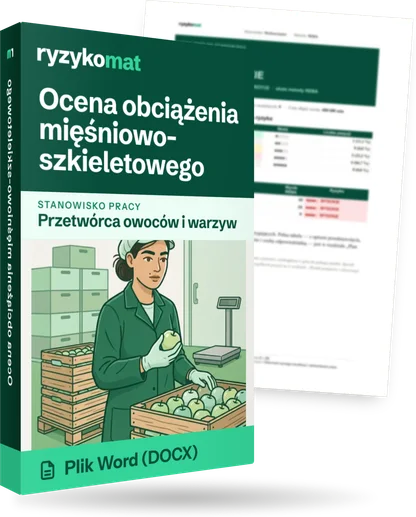 Pudełko dokumentu „Ocena obciążenia mięśniowo-szkieletowego” ze znakiem Ryzykomat i napisem „Plik Word (DOCX)” na froncie, ilustracja stanowiska „Przetwórca owoców i warzyw”; zza pudełka wystaje strona prawdziwego dokumentu z rozmytą treścią