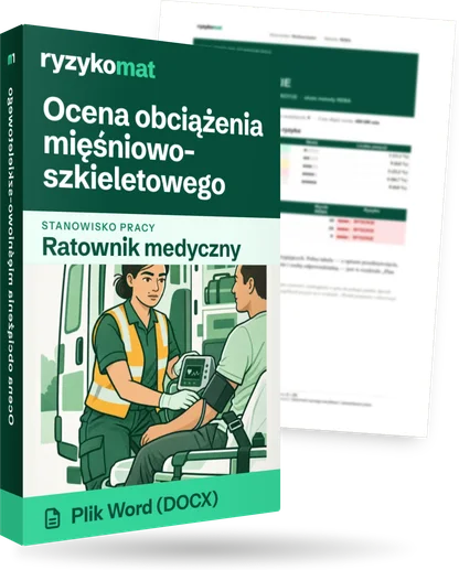 Pudełko dokumentu „Ocena obciążenia mięśniowo-szkieletowego” ze znakiem Ryzykomat i napisem „Plik Word (DOCX)” na froncie, ilustracja stanowiska „Ratownik medyczny”; zza pudełka wystaje strona prawdziwego dokumentu z rozmytą treścią