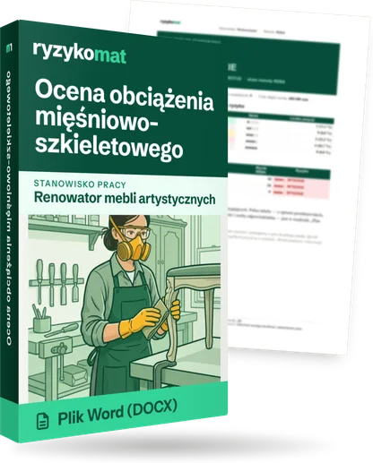 Pudełko dokumentu „Ocena obciążenia mięśniowo-szkieletowego” ze znakiem Ryzykomat i napisem „Plik Word (DOCX)” na froncie, ilustracja stanowiska „Renowator mebli artystycznych”; zza pudełka wystaje strona prawdziwego dokumentu z rozmytą treścią