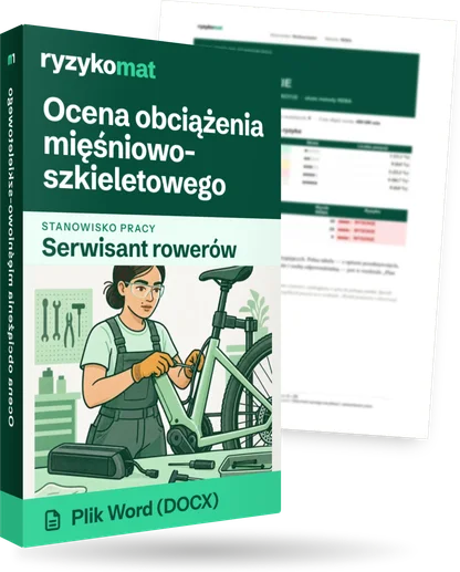 Pudełko dokumentu „Ocena obciążenia mięśniowo-szkieletowego” ze znakiem Ryzykomat i napisem „Plik Word (DOCX)” na froncie, ilustracja stanowiska „Serwisant rowerów”; zza pudełka wystaje strona prawdziwego dokumentu z rozmytą treścią