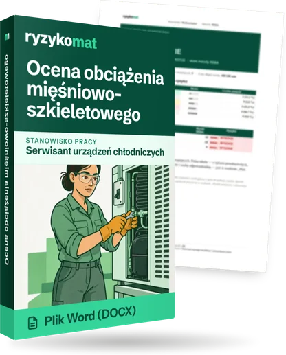 Pudełko dokumentu „Ocena obciążenia mięśniowo-szkieletowego” ze znakiem Ryzykomat i napisem „Plik Word (DOCX)” na froncie, ilustracja stanowiska „Serwisant urządzeń chłodniczych”; zza pudełka wystaje strona prawdziwego dokumentu z rozmytą treścią