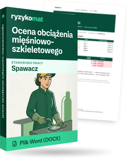 Pudełko dokumentu „Ocena obciążenia mięśniowo-szkieletowego” ze znakiem Ryzykomat i napisem „Plik Word (DOCX)” na froncie, ilustracja stanowiska „Spawacz”; zza pudełka wystaje strona prawdziwego dokumentu z rozmytą treścią
