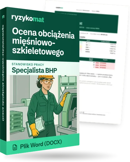 Pudełko dokumentu „Ocena obciążenia mięśniowo-szkieletowego” ze znakiem Ryzykomat i napisem „Plik Word (DOCX)” na froncie, ilustracja stanowiska „Specjalista BHP”; zza pudełka wystaje strona prawdziwego dokumentu z rozmytą treścią