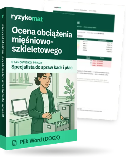 Pudełko dokumentu „Ocena obciążenia mięśniowo-szkieletowego” ze znakiem Ryzykomat i napisem „Plik Word (DOCX)” na froncie, ilustracja stanowiska „Specjalista do spraw kadr i płac”; zza pudełka wystaje strona prawdziwego dokumentu z rozmytą treścią