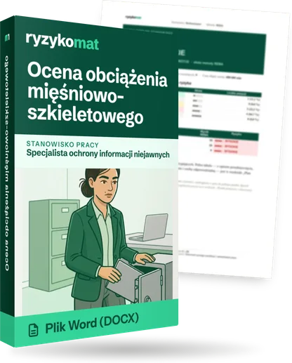 Pudełko dokumentu „Ocena obciążenia mięśniowo-szkieletowego” ze znakiem Ryzykomat i napisem „Plik Word (DOCX)” na froncie, ilustracja stanowiska „Specjalista ochrony informacji niejawnych”; zza pudełka wystaje strona prawdziwego dokumentu z rozmytą treścią
