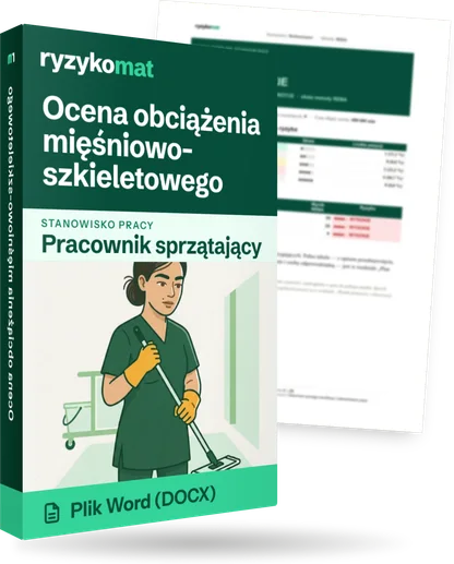 Pudełko dokumentu „Ocena obciążenia mięśniowo-szkieletowego” ze znakiem Ryzykomat i napisem „Plik Word (DOCX)” na froncie, ilustracja stanowiska „Pracownik sprzątający”; zza pudełka wystaje strona prawdziwego dokumentu z rozmytą treścią