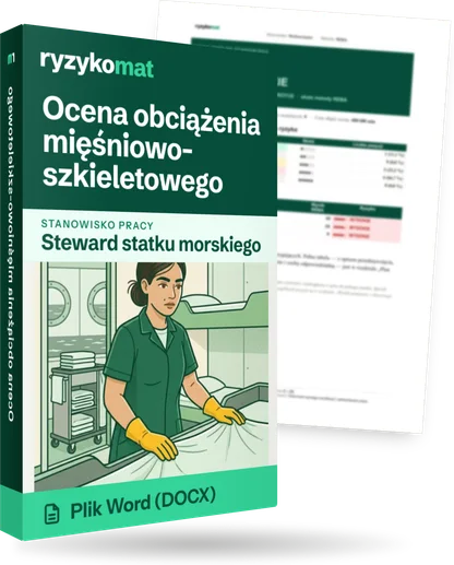 Pudełko dokumentu „Ocena obciążenia mięśniowo-szkieletowego” ze znakiem Ryzykomat i napisem „Plik Word (DOCX)” na froncie, ilustracja stanowiska „Steward statku morskiego”; zza pudełka wystaje strona prawdziwego dokumentu z rozmytą treścią