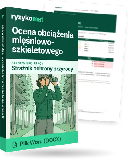 Pudełko dokumentu „Ocena obciążenia mięśniowo-szkieletowego” ze znakiem Ryzykomat i napisem „Plik Word (DOCX)” na froncie, ilustracja stanowiska „Strażnik ochrony przyrody”; zza pudełka wystaje strona prawdziwego dokumentu z rozmytą treścią