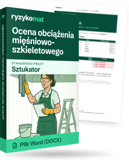 Pudełko dokumentu „Ocena obciążenia mięśniowo-szkieletowego” ze znakiem Ryzykomat i napisem „Plik Word (DOCX)” na froncie, ilustracja stanowiska „Sztukator”; zza pudełka wystaje strona prawdziwego dokumentu z rozmytą treścią