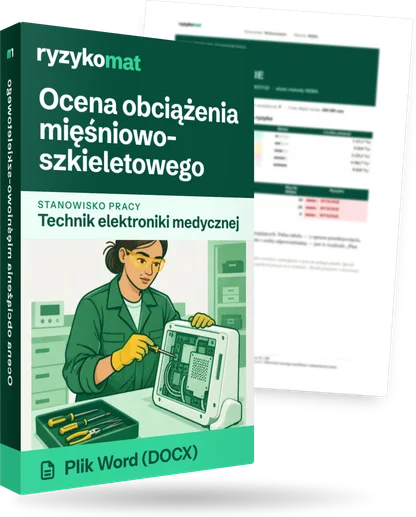 Pudełko dokumentu „Ocena obciążenia mięśniowo-szkieletowego” ze znakiem Ryzykomat i napisem „Plik Word (DOCX)” na froncie, ilustracja stanowiska „Technik elektroniki medycznej”; zza pudełka wystaje strona prawdziwego dokumentu z rozmytą treścią