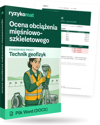 Pudełko dokumentu „Ocena obciążenia mięśniowo-szkieletowego” ze znakiem Ryzykomat i napisem „Plik Word (DOCX)” na froncie, ilustracja stanowiska „Technik geofizyk”; zza pudełka wystaje strona prawdziwego dokumentu z rozmytą treścią