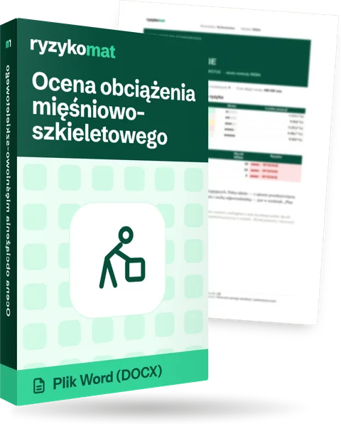 Pudełko dokumentu „Ocena obciążenia mięśniowo-szkieletowego” ze znakiem Ryzykomat i napisem „Plik Word (DOCX)” na froncie; zza pudełka wystaje strona prawdziwego dokumentu z rozmytą treścią