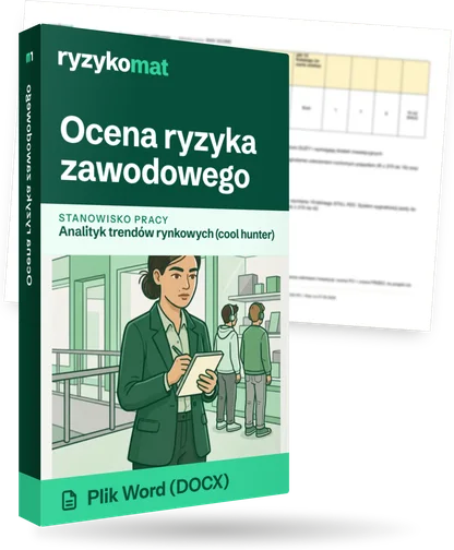 Pudełko dokumentu „Ocena ryzyka zawodowego” ze znakiem Ryzykomat i napisem „Plik Word (DOCX)” na froncie, ilustracja stanowiska „Analityk trendów rynkowych (cool hunter)”; zza pudełka wystaje strona prawdziwego dokumentu z rozmytą treścią