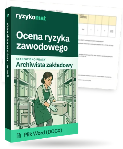 Pudełko dokumentu „Ocena ryzyka zawodowego” ze znakiem Ryzykomat i napisem „Plik Word (DOCX)” na froncie, ilustracja stanowiska „Archiwista zakładowy”; zza pudełka wystaje strona prawdziwego dokumentu z rozmytą treścią