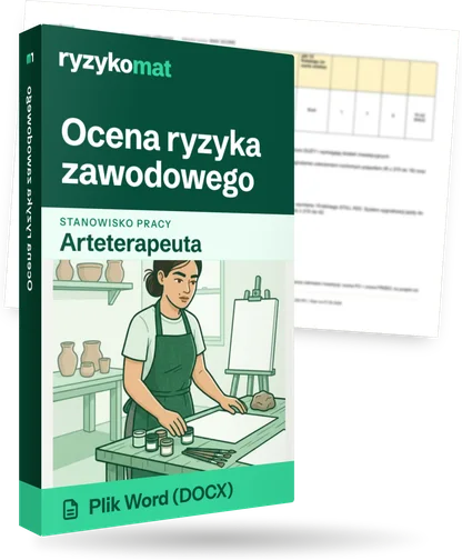Pudełko dokumentu „Ocena ryzyka zawodowego” ze znakiem Ryzykomat i napisem „Plik Word (DOCX)” na froncie, ilustracja stanowiska „Arteterapeuta”; zza pudełka wystaje strona prawdziwego dokumentu z rozmytą treścią