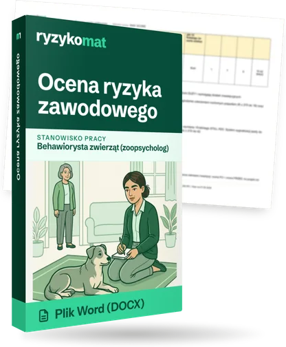 Pudełko dokumentu „Ocena ryzyka zawodowego” ze znakiem Ryzykomat i napisem „Plik Word (DOCX)” na froncie, ilustracja stanowiska „Behawiorysta zwierząt (zoopsycholog)”; zza pudełka wystaje strona prawdziwego dokumentu z rozmytą treścią