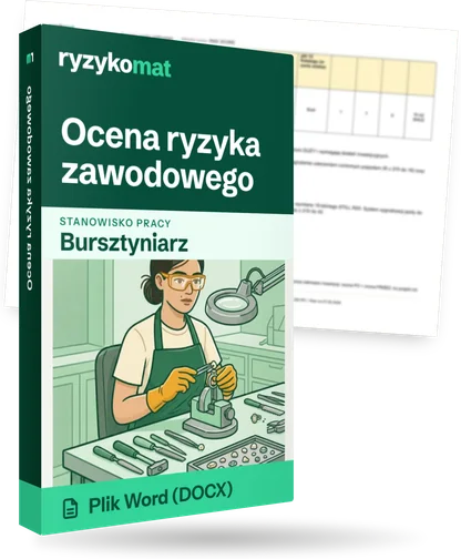 Pudełko dokumentu „Ocena ryzyka zawodowego” ze znakiem Ryzykomat i napisem „Plik Word (DOCX)” na froncie, ilustracja stanowiska „Bursztyniarz”; zza pudełka wystaje strona prawdziwego dokumentu z rozmytą treścią