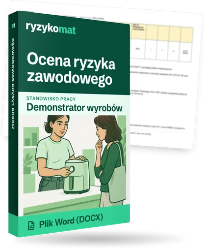 Pudełko dokumentu „Ocena ryzyka zawodowego” ze znakiem Ryzykomat i napisem „Plik Word (DOCX)” na froncie, ilustracja stanowiska „Demonstrator wyrobów”; zza pudełka wystaje strona prawdziwego dokumentu z rozmytą treścią