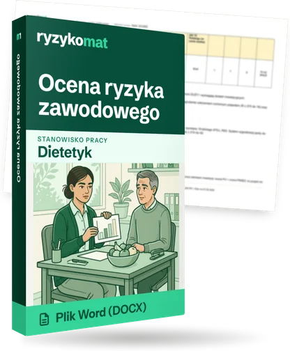 Pudełko dokumentu „Ocena ryzyka zawodowego” ze znakiem Ryzykomat i napisem „Plik Word (DOCX)” na froncie, ilustracja stanowiska „Dietetyk”; zza pudełka wystaje strona prawdziwego dokumentu z rozmytą treścią