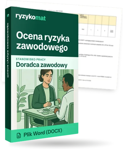 Pudełko dokumentu „Ocena ryzyka zawodowego” ze znakiem Ryzykomat i napisem „Plik Word (DOCX)” na froncie, ilustracja stanowiska „Doradca zawodowy”; zza pudełka wystaje strona prawdziwego dokumentu z rozmytą treścią