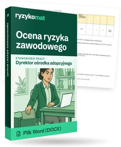 Pudełko dokumentu „Ocena ryzyka zawodowego” ze znakiem Ryzykomat i napisem „Plik Word (DOCX)” na froncie, ilustracja stanowiska „Dyrektor ośrodka adopcyjnego”; zza pudełka wystaje strona prawdziwego dokumentu z rozmytą treścią