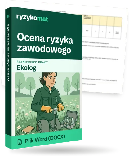 Pudełko dokumentu „Ocena ryzyka zawodowego” ze znakiem Ryzykomat i napisem „Plik Word (DOCX)” na froncie, ilustracja stanowiska „Ekolog”; zza pudełka wystaje strona prawdziwego dokumentu z rozmytą treścią