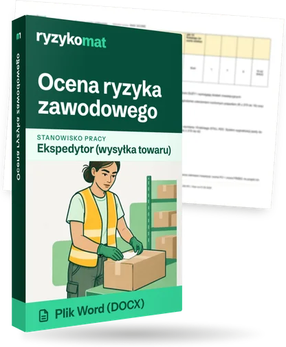 Pudełko dokumentu „Ocena ryzyka zawodowego” ze znakiem Ryzykomat i napisem „Plik Word (DOCX)” na froncie, ilustracja stanowiska „Ekspedytor (wysyłka towaru)”; zza pudełka wystaje strona prawdziwego dokumentu z rozmytą treścią