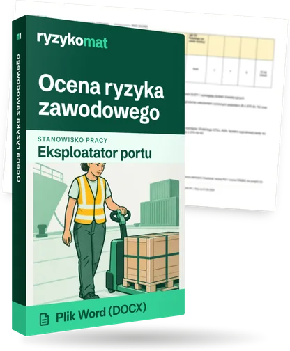 Pudełko dokumentu „Ocena ryzyka zawodowego” ze znakiem Ryzykomat i napisem „Plik Word (DOCX)” na froncie, ilustracja stanowiska „Eksploatator portu”; zza pudełka wystaje strona prawdziwego dokumentu z rozmytą treścią
