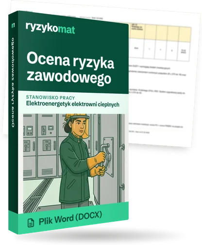 Pudełko dokumentu „Ocena ryzyka zawodowego” ze znakiem Ryzykomat i napisem „Plik Word (DOCX)” na froncie, ilustracja stanowiska „Elektroenergetyk elektrowni cieplnych”; zza pudełka wystaje strona prawdziwego dokumentu z rozmytą treścią