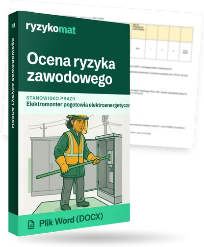 Pudełko dokumentu „Ocena ryzyka zawodowego” ze znakiem Ryzykomat i napisem „Plik Word (DOCX)” na froncie, ilustracja stanowiska „Elektromonter pogotowia elektroenergetycznego”; zza pudełka wystaje strona prawdziwego dokumentu z rozmytą treścią