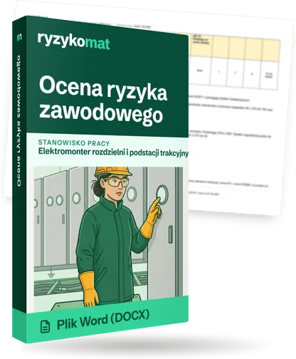 Pudełko dokumentu „Ocena ryzyka zawodowego” ze znakiem Ryzykomat i napisem „Plik Word (DOCX)” na froncie, ilustracja stanowiska „Elektromonter rozdzielni i podstacji trakcyjnych”; zza pudełka wystaje strona prawdziwego dokumentu z rozmytą treścią