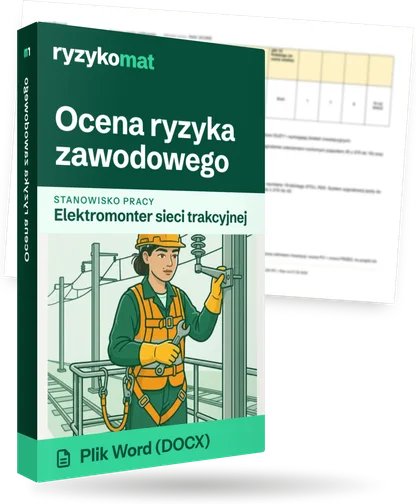 Pudełko dokumentu „Ocena ryzyka zawodowego” ze znakiem Ryzykomat i napisem „Plik Word (DOCX)” na froncie, ilustracja stanowiska „Elektromonter sieci trakcyjnej”; zza pudełka wystaje strona prawdziwego dokumentu z rozmytą treścią