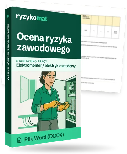 Pudełko dokumentu „Ocena ryzyka zawodowego” ze znakiem Ryzykomat i napisem „Plik Word (DOCX)” na froncie, ilustracja stanowiska „Elektromonter / elektryk zakładowy”; zza pudełka wystaje strona prawdziwego dokumentu z rozmytą treścią
